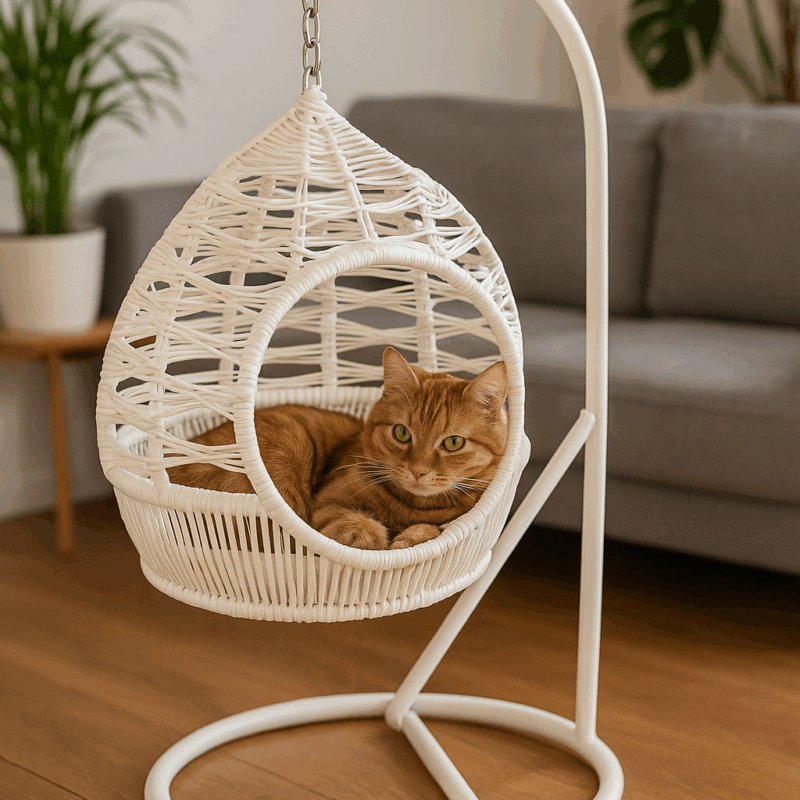 Panier suspendu pour chat ou petit chien en corde tressée, modèle "Cocon d’Air", de style bohème, sur pied métallique stable.