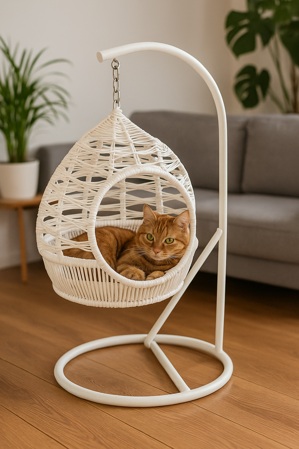 Panier suspendu pour chat ou petit chien en corde tressée, modèle "Cocon d’Air", de style bohème, sur pied métallique stable.