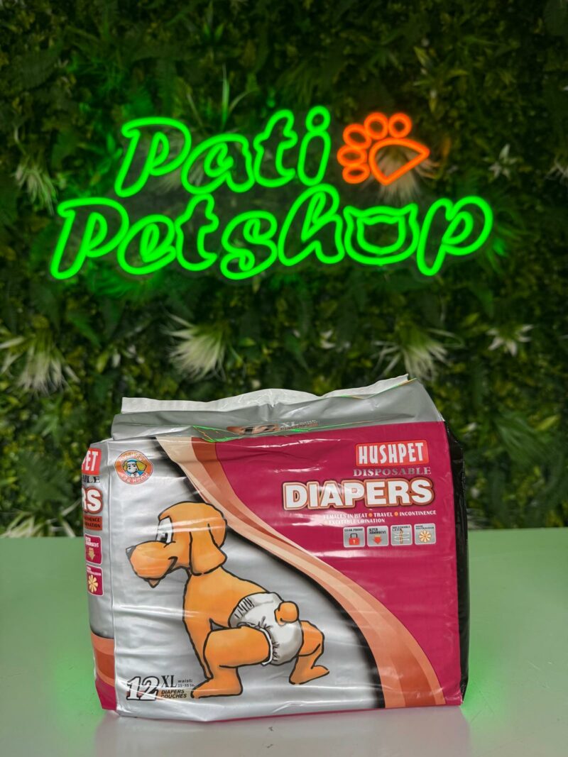 🐶 Hushpet Couches Jetables – Taille XL (12 pcs) Pour chiens de 25 à 40 kg. Couches haute absorption pour grands chiens. Idéales pour l’incontinence, les chaleurs ou après une opération.