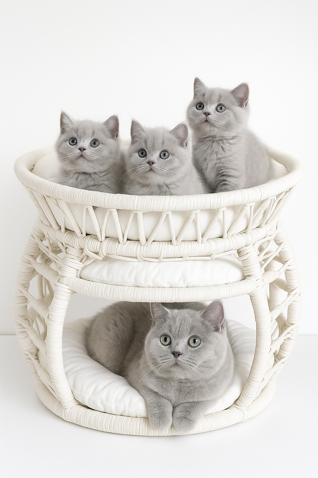 "Panier suspendu double en corde tressée, structure rigide, deux niveaux avec coussins blancs amovibles, pour chats de petite à moyenne taille."